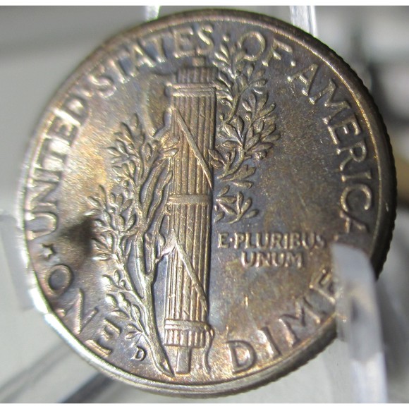 90% Silver 1944-D Mercury Dime Silver Rainbow Toned Coin AU/BU Full Bar - Picture 1 of 4